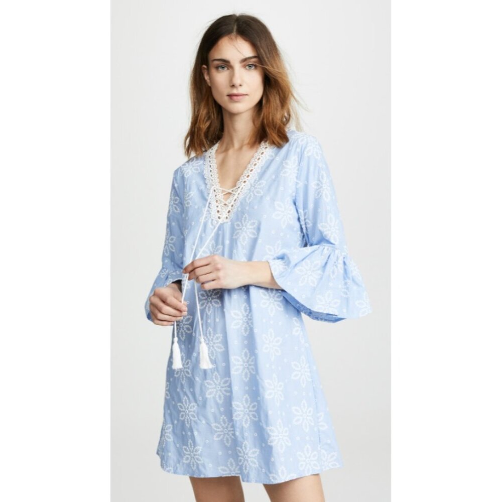 Shoshanna‎ Daisy Embroidered Dress Eyelet Lace Up Bell Sleeve Boho Blue Medium